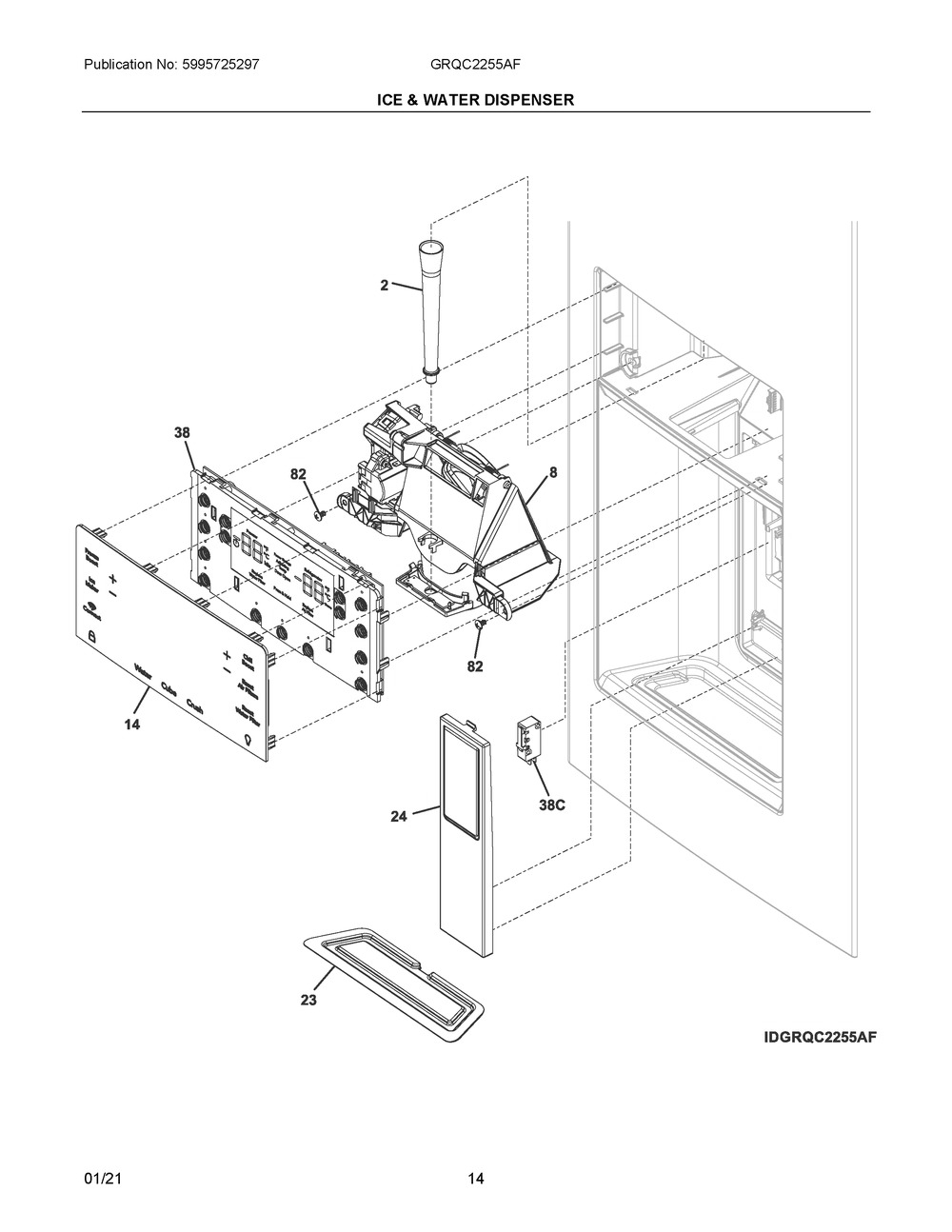 Ice And Water Dispenser Diagram and Parts List for GRQC2255AF  Frigidaire Refrigerator