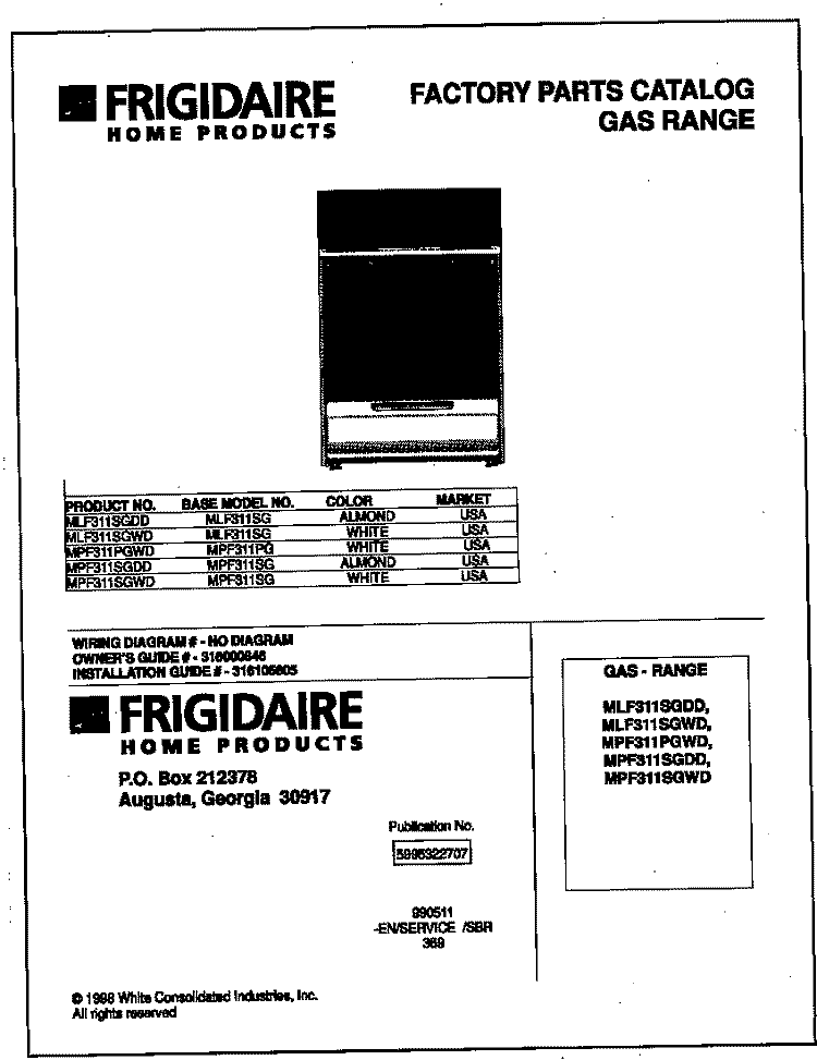 COVER Diagram and Parts List for MLF311SGDD  Frigidaire Range