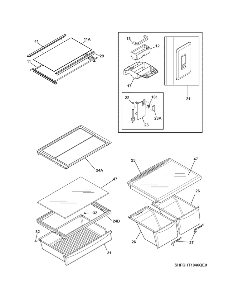 Shelves Diagram and Parts List for LGHT2046QF0  Frigidaire Refrigerator