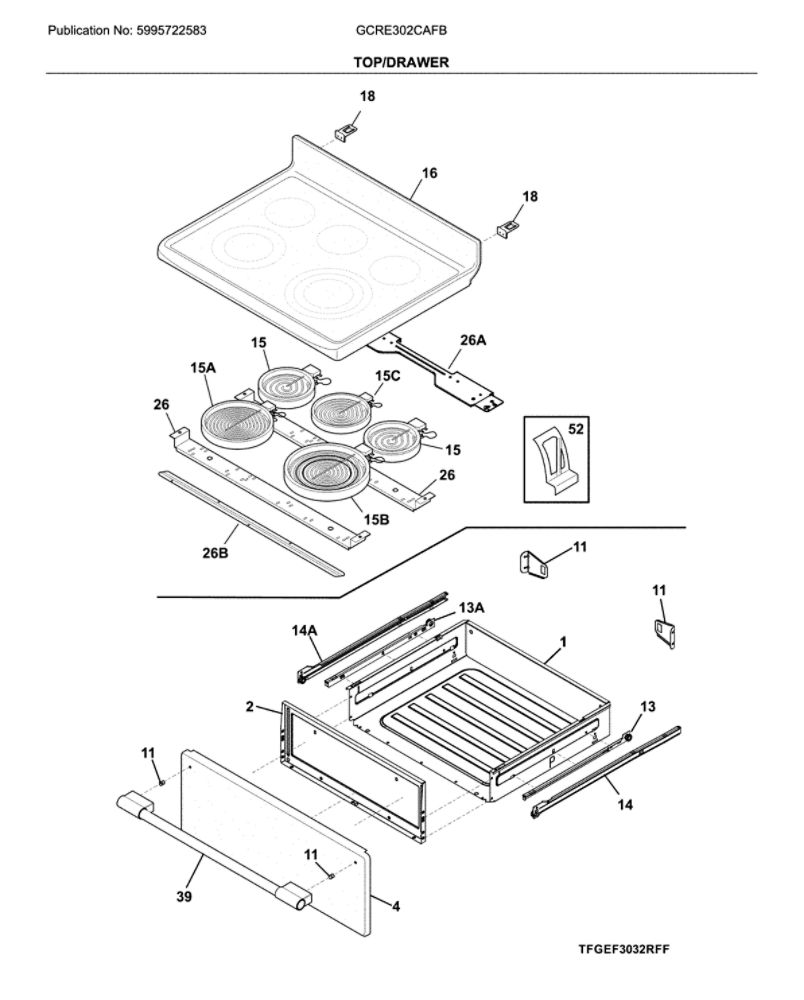 Top/Drawer Diagram and Parts List for GCRE302CAFB  Frigidaire Range