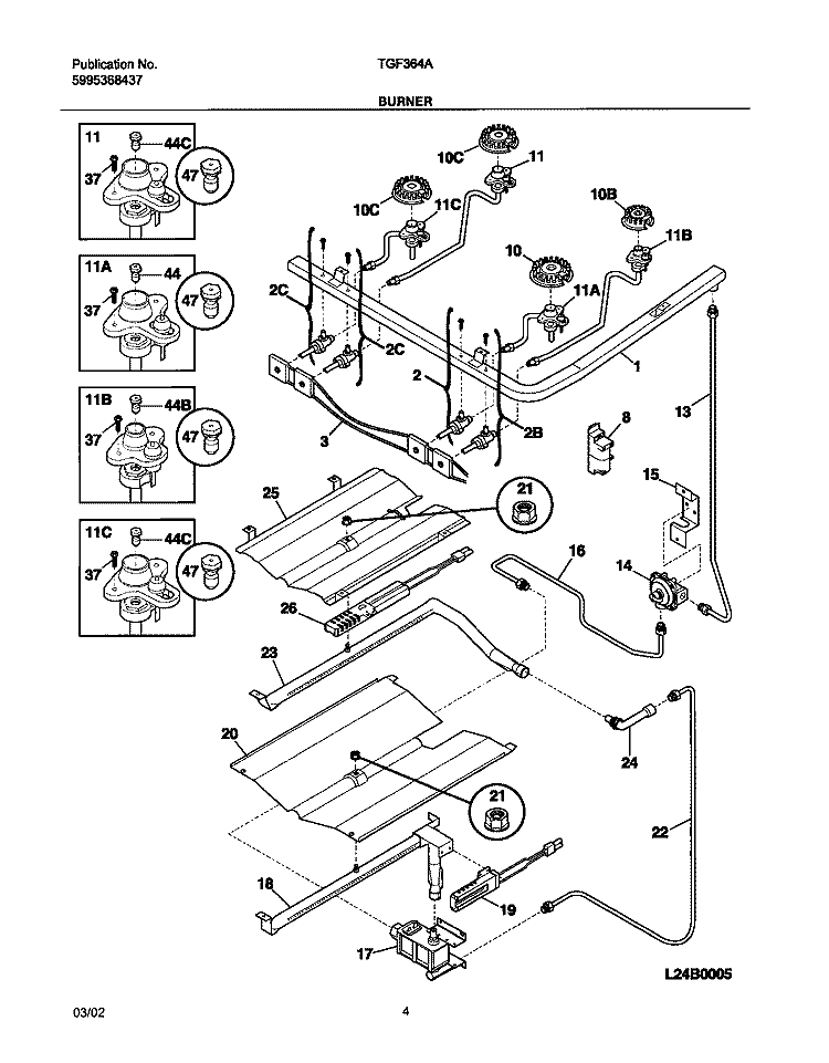 BURNER Diagram and Parts List for TGF364ASC  Tappan Range