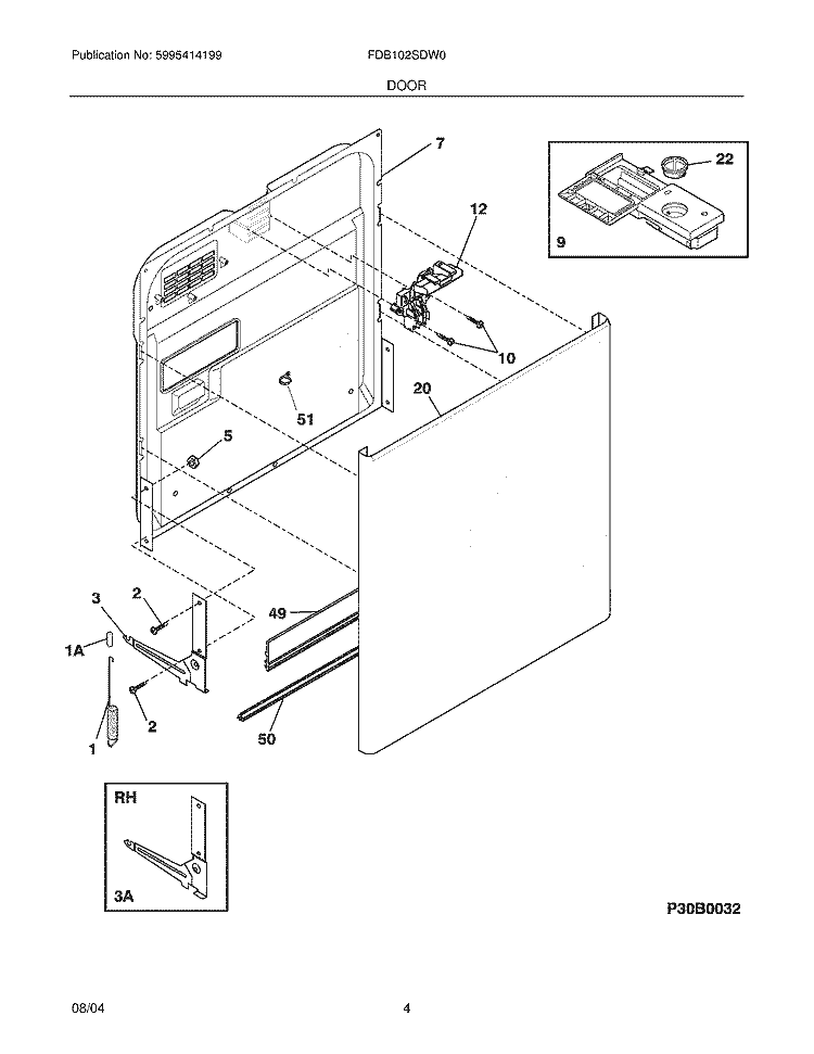 DOOR Diagram and Parts List for FDB102SDW0  Frigidaire Dishwasher
