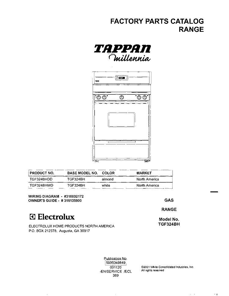 COVER Diagram and Parts List for TGF324BHDD  Tappan Range