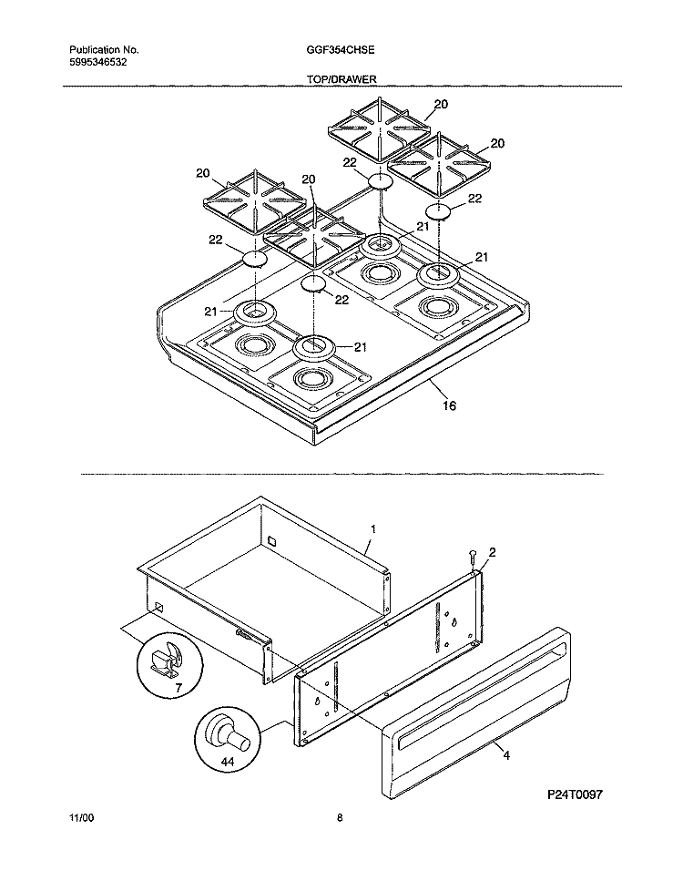 TOP / DRAWER Diagram and Parts List for GGF354CHSE  Gibson Range