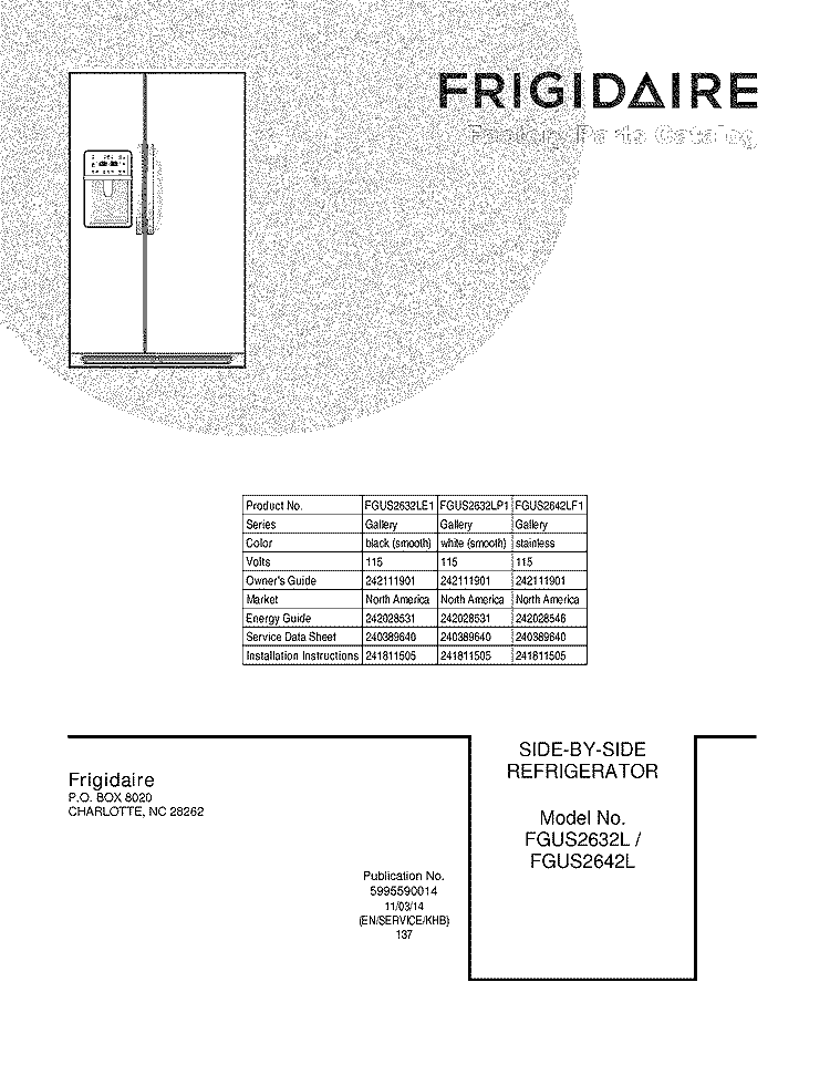 COVER Diagram and Parts List for FGUS2632LP1  Frigidaire Refrigerator