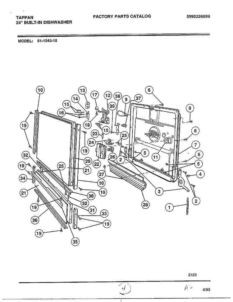 Door/thermostat Diagram and Parts List for 61-1043-10  Frigidaire Dishwasher