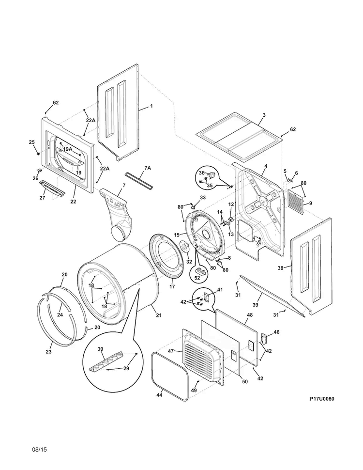 Upper Cabinet/drum Heater Diagram and Parts List for FFLG4033QT0  Frigidaire Washer Dryer Combo