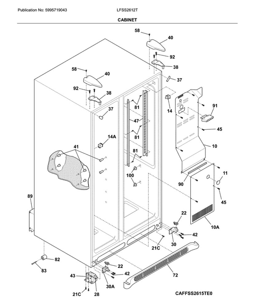Cabinet Diagram and Parts List for LFSS2612TE0  Frigidaire Refrigerator