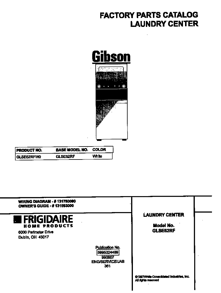 COVER Diagram and Parts List for GLSE62RFW0  Gibson Washer Dryer Combo