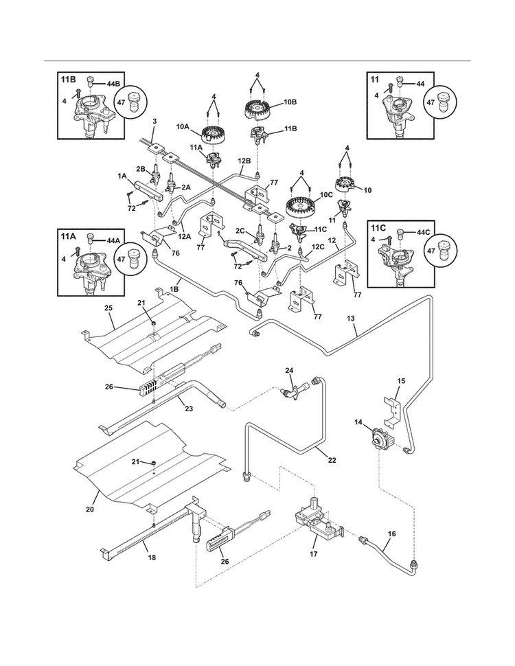 Burner Diagram and Parts List for FGGS3065KBH  Frigidaire Range