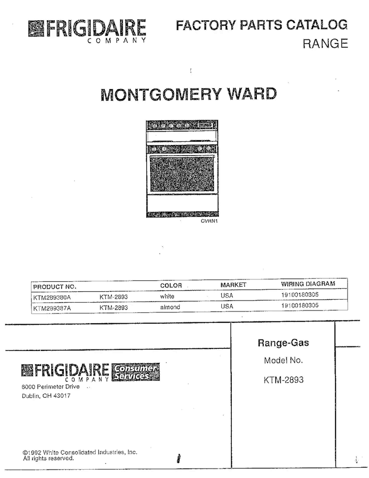 Front Page Diagram and Parts List for 2893  Frigidaire Range