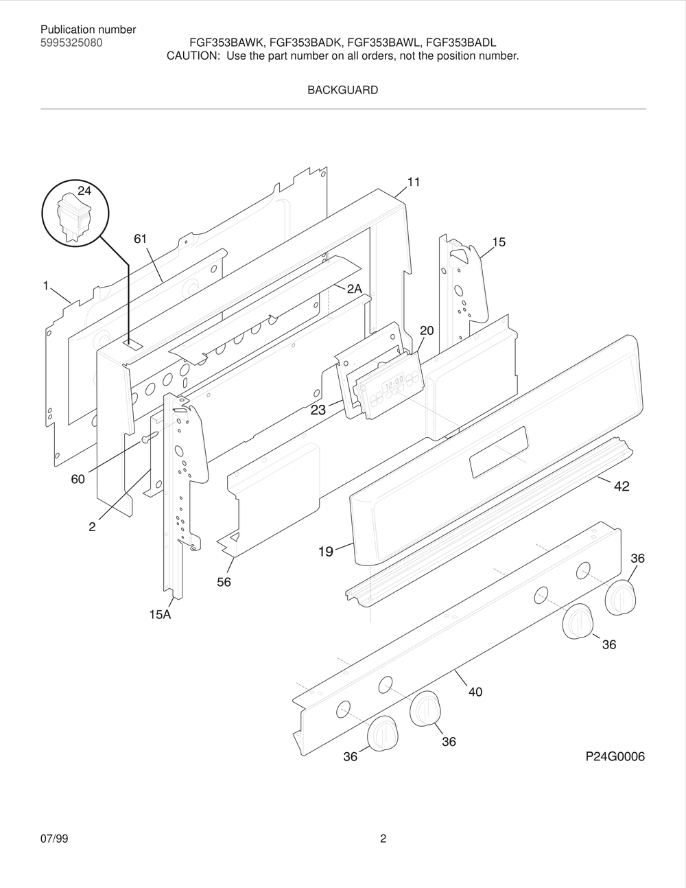 Backguard Diagram and Parts List for FGF353BADK  Frigidaire Range