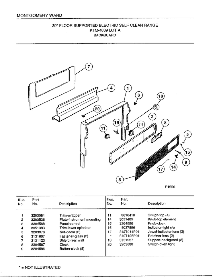 Backguard Diagram and Parts List for 4889A  Frigidaire Range