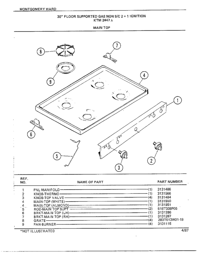 30" Floor/main Top Diagram and Parts List for 2447A  Frigidaire Range