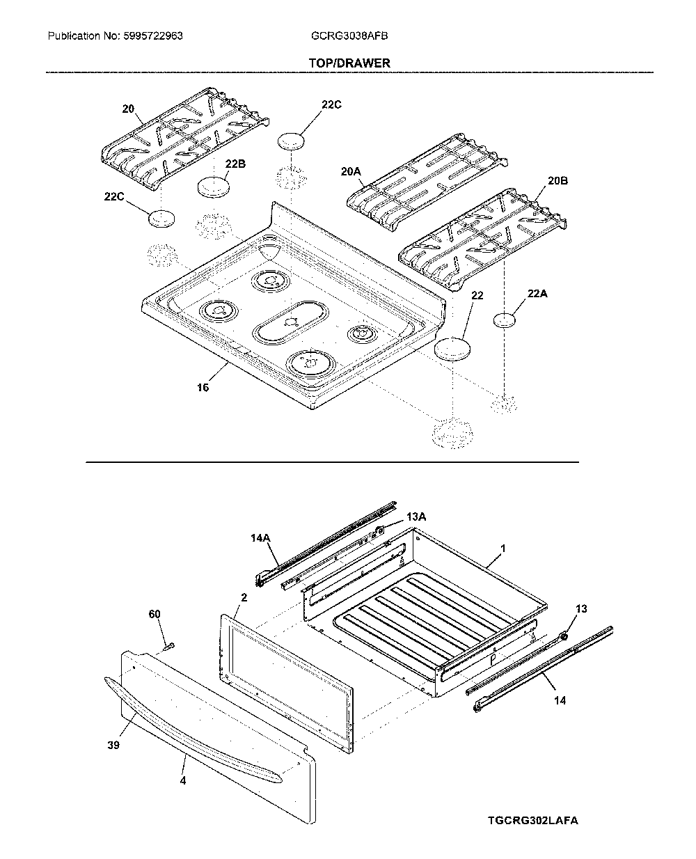 Top/drawer Diagram and Parts List for GCRG3038AFB  Frigidaire Range