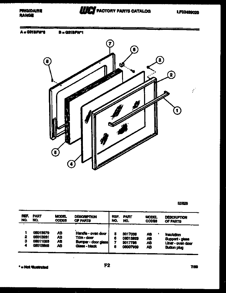 DOOR PARTS Diagram and Parts List for G31BFW1  Frigidaire Range