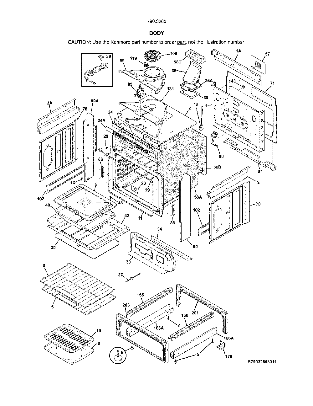Body Diagram and Parts List for 79032602318  Kenmore Range