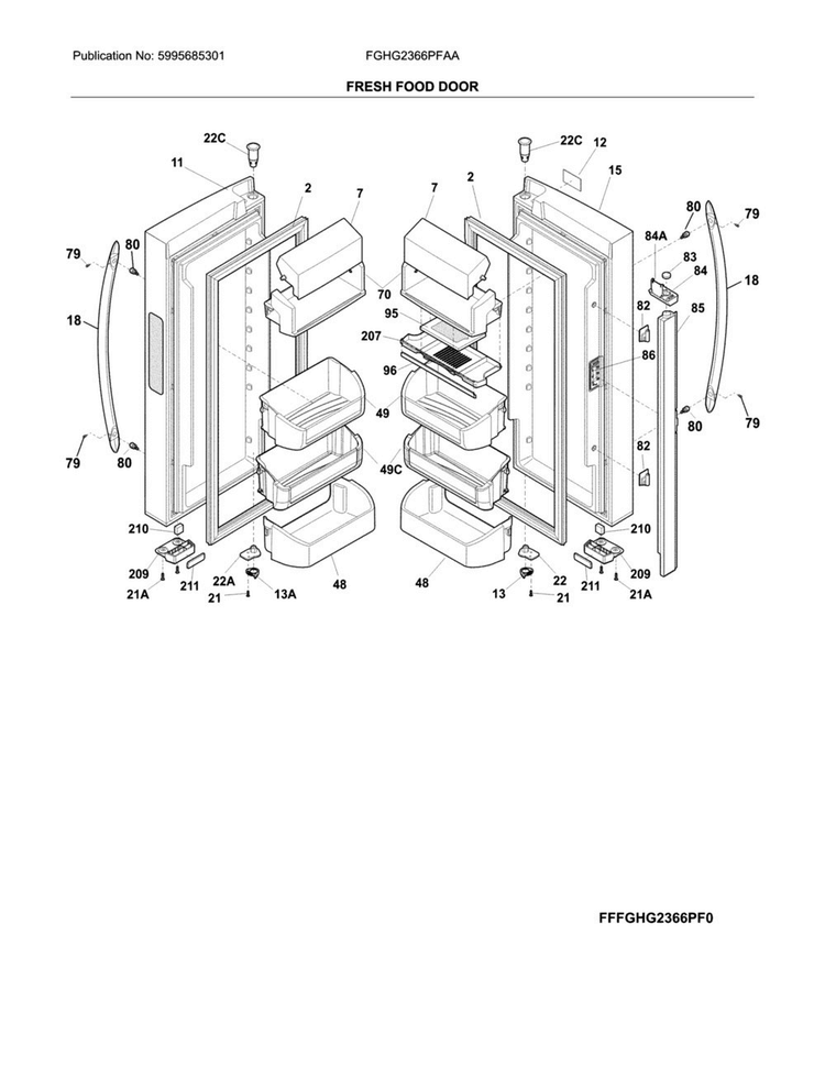 Fresh Food Door Diagram and Parts List for FGHG2366PFAA  Frigidaire Refrigerator