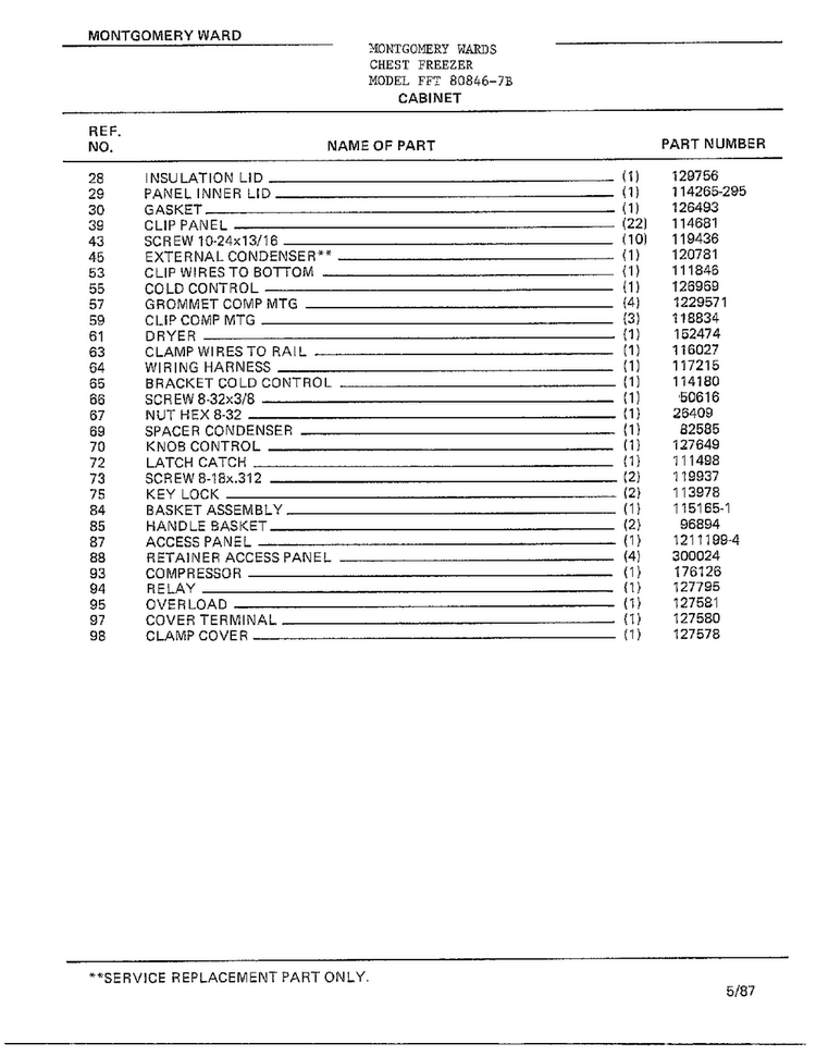 Cabinet Page 2 Diagram and Parts List for 80846-7B  Frigidaire Freezer