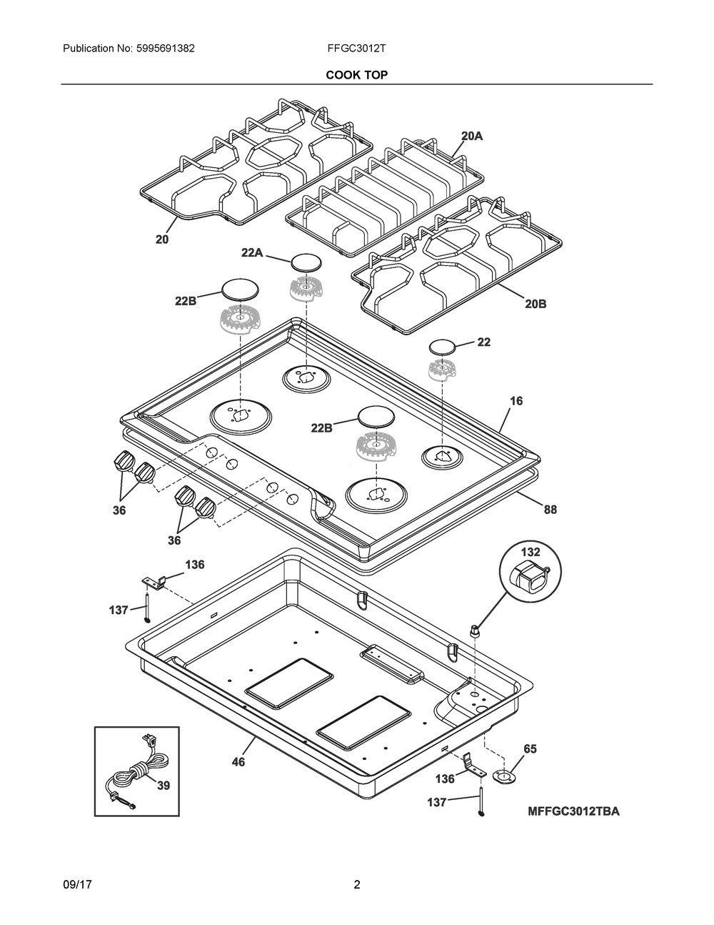 Cook Top Diagram and Parts List for FFGC3012TBA  Frigidaire Cooktop