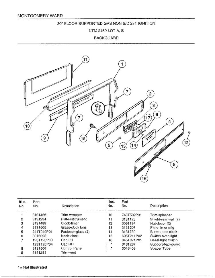 30"/backguard Diagram and Parts List for 2450C  Frigidaire Range