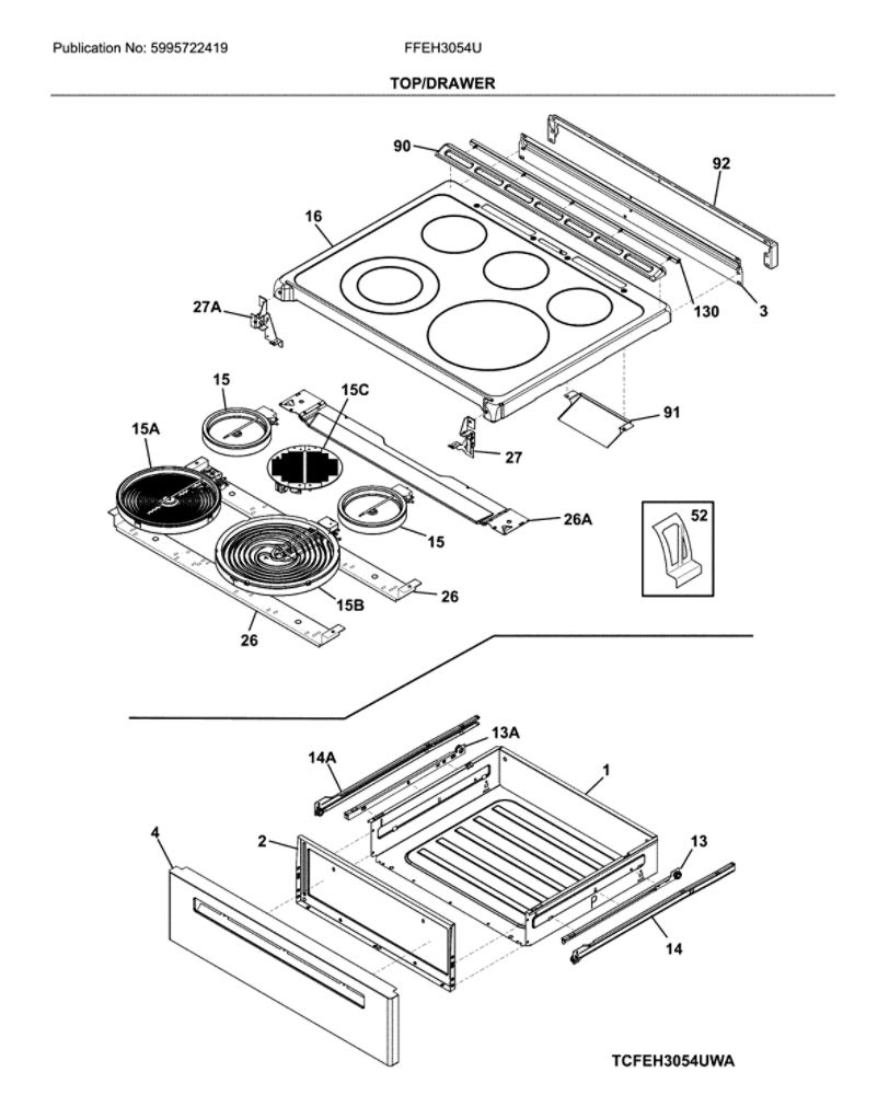 Top/Drawer Diagram and Parts List for FFEH3054UWC  Frigidaire Range