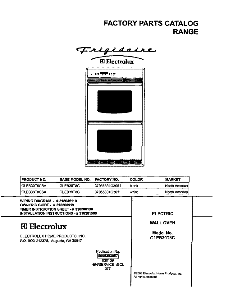 COVER Diagram and Parts List for GLEB30T8CBA  Frigidaire Wall Oven