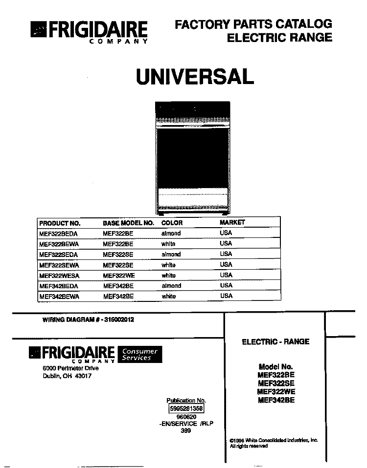 COVER Diagram and Parts List for MEF322WESA  Frigidaire Range