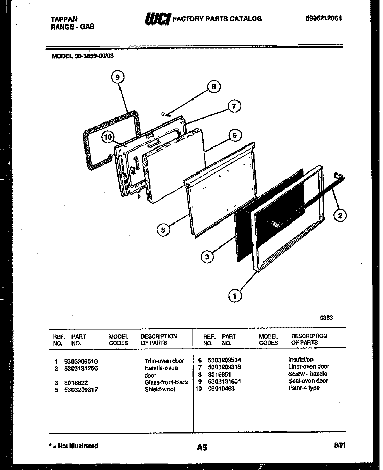 DOOR PARTS Diagram and Parts List for 30-3859-00-03  Tappan Range