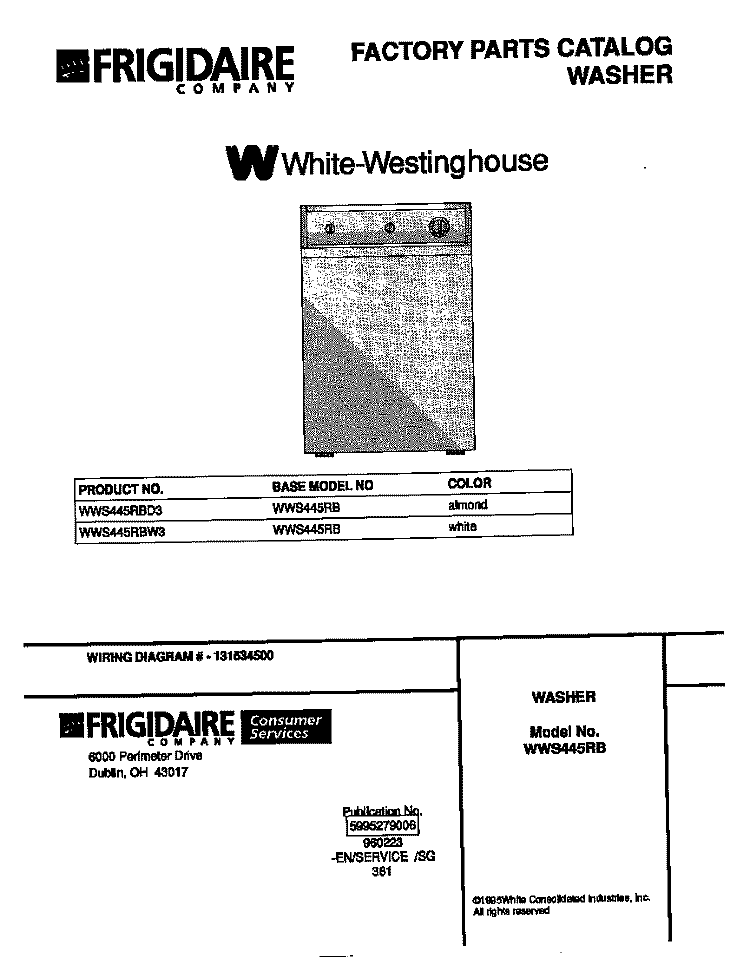 COVER Diagram and Parts List for WWS445RBW3  Frigidaire Washer