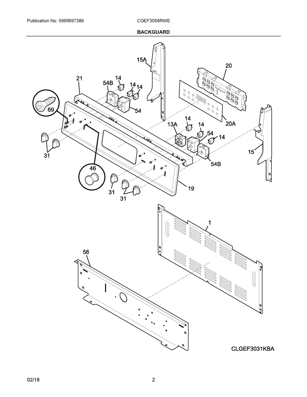 Backguard Diagram and Parts List for CGEF3058RWE  Frigidaire Range