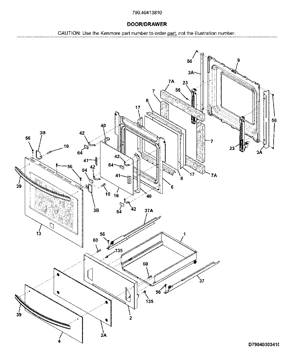 Door/drawer Diagram and Parts List for 79040413810  Kenmore Wall Oven