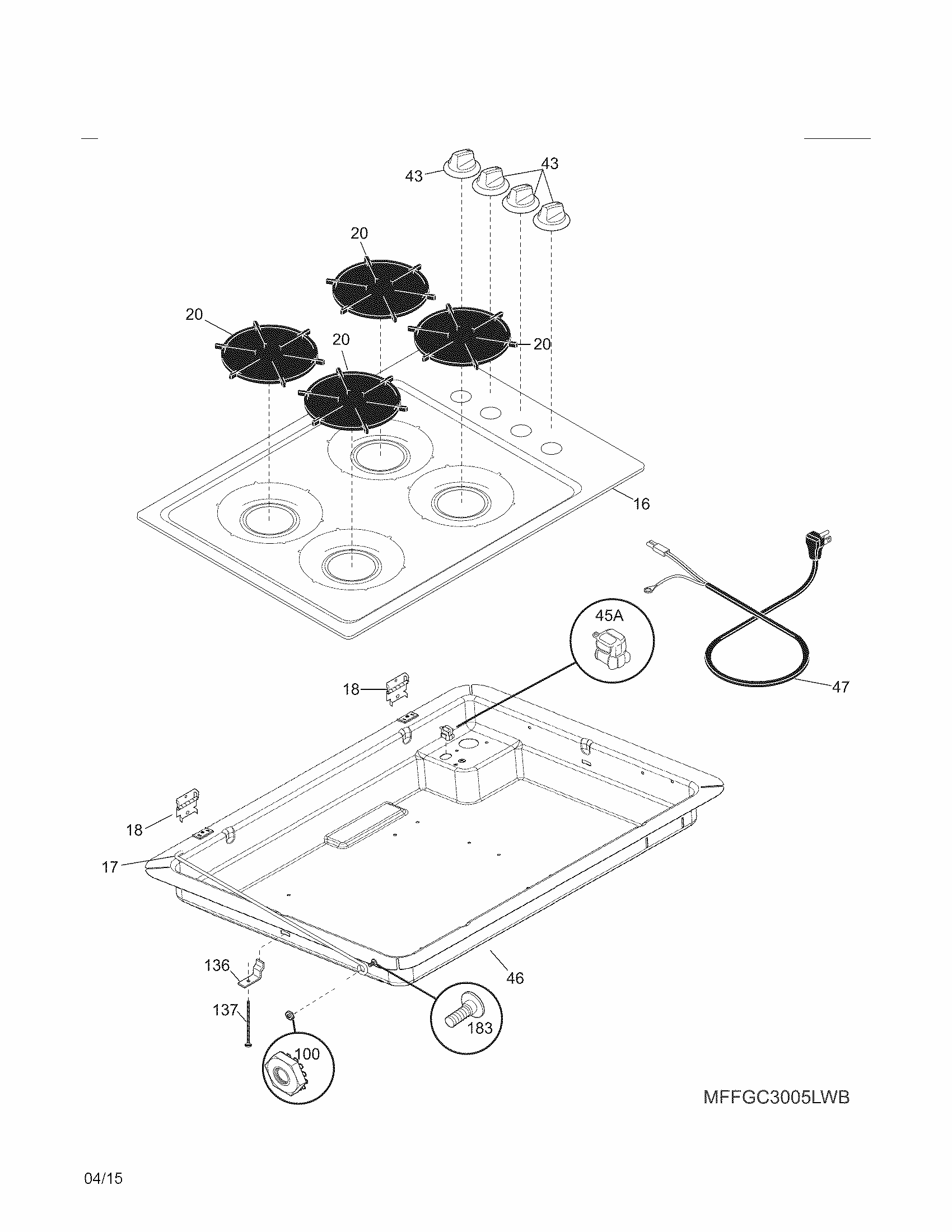 Main Top Diagram and Parts List for 79032409902  Kenmore Cooktop