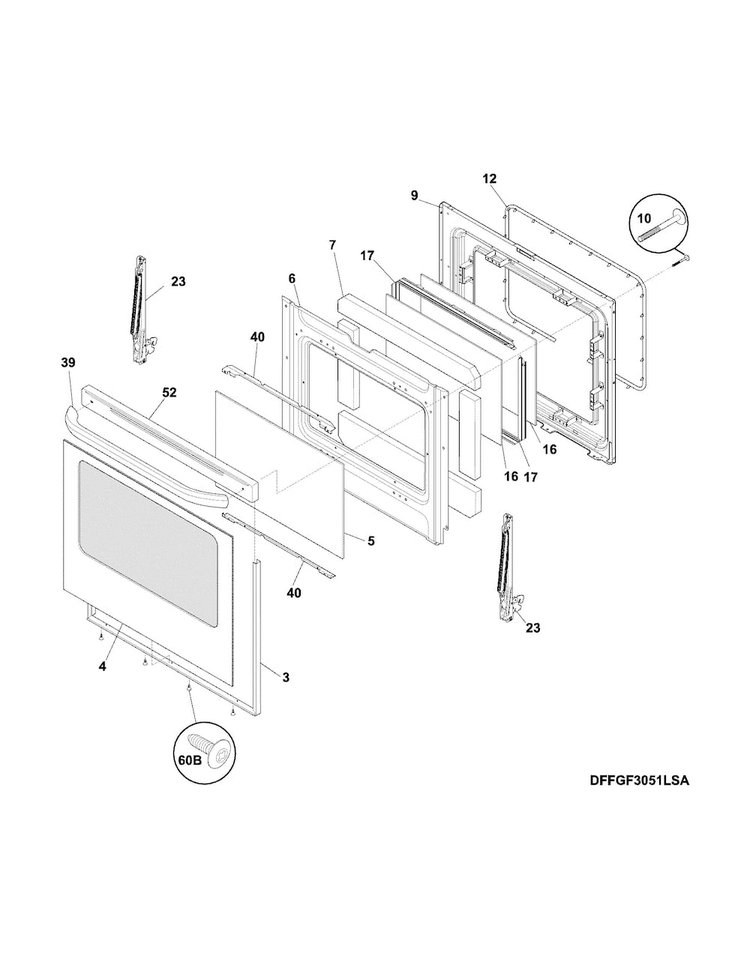 Door Diagram and Parts List for FFGF3053LSK  Frigidaire Range