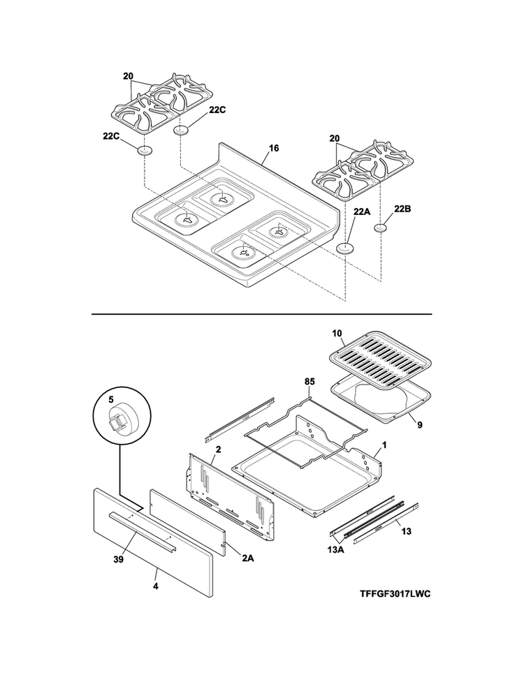 Top/drawer Diagram and Parts List for FFGF3017LWF  Frigidaire Range