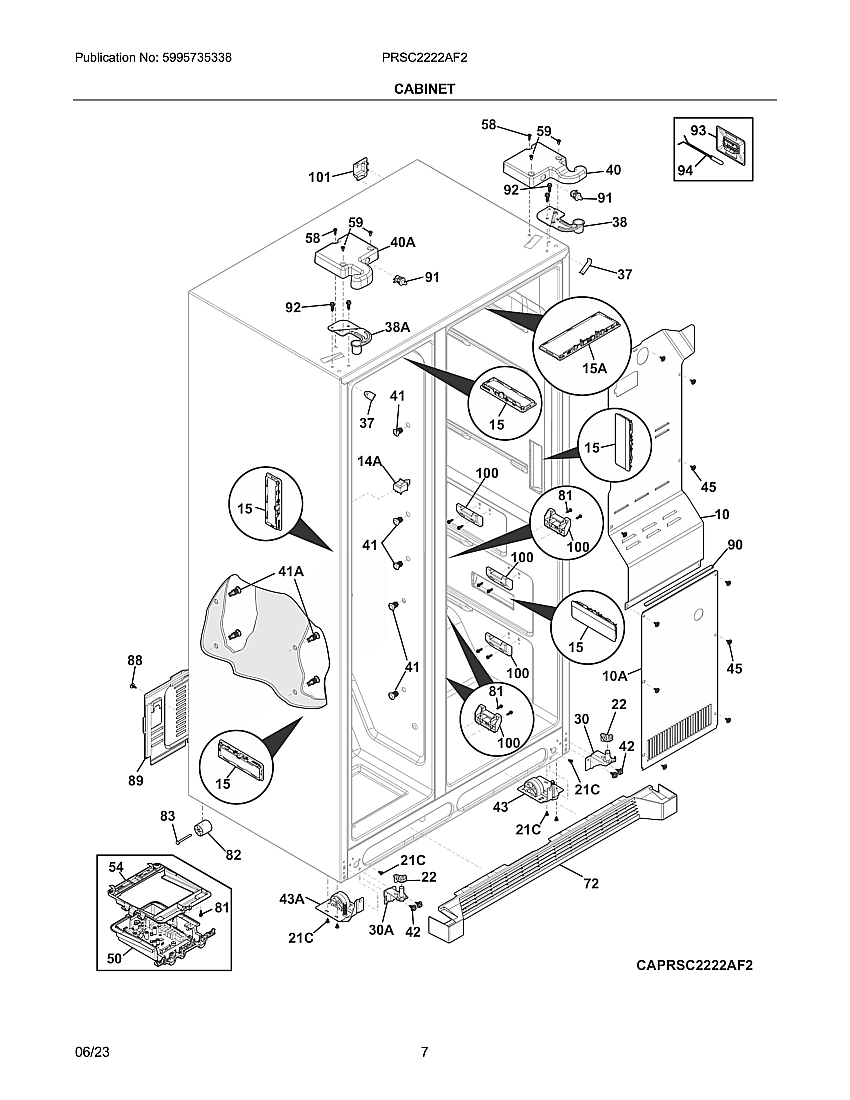 Cabinet Diagram and Parts List for PRSC2222AF2  Frigidaire Refrigerator