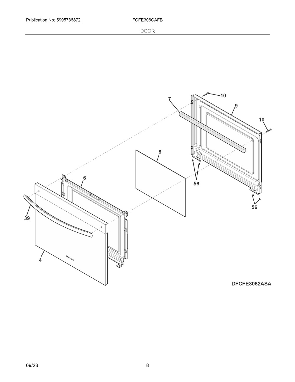 Door Diagram and Parts List for FCFE306CAFB  Frigidaire Range