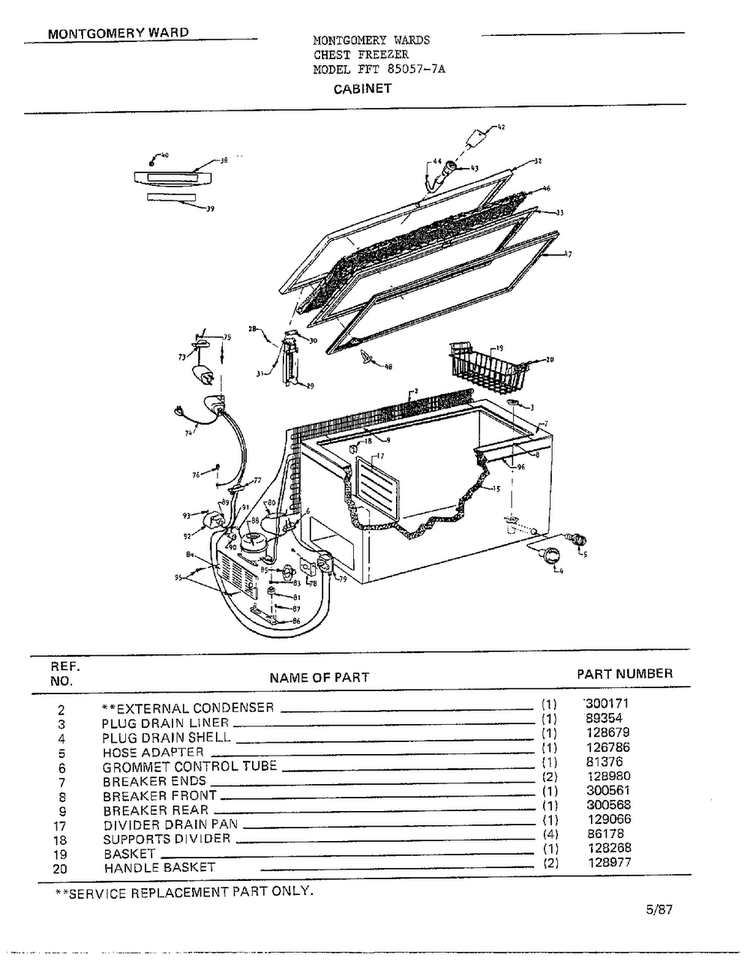 Cabinet Diagram and Parts List for 85057-7A  Frigidaire Freezer
