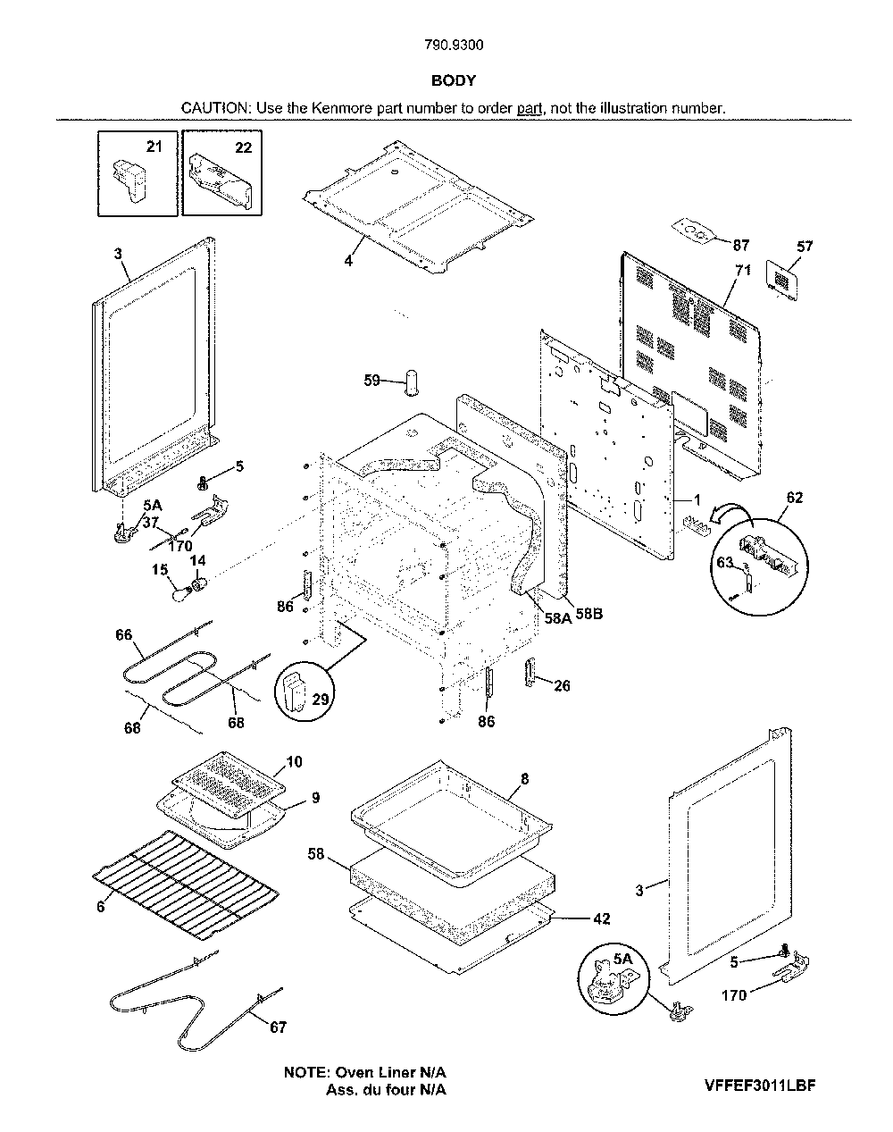 Body Diagram and Parts List for 79093002314  Kenmore Range