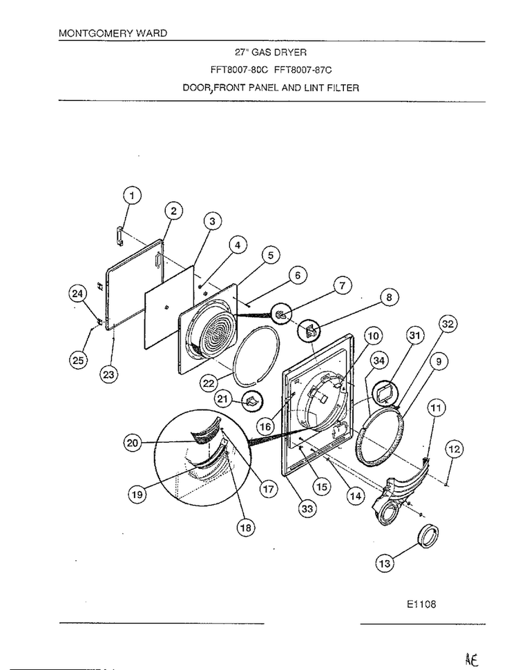 Door/front Panel/lint Filter Diagram and Parts List for 8007-80C  Frigidaire Dryer