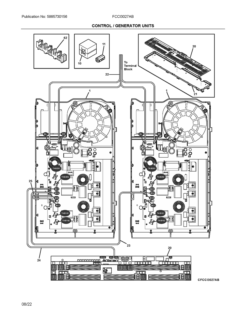 Controls/Generator Units Diagram and Parts List for FCCI3027ABA  Electrolux Cooktop