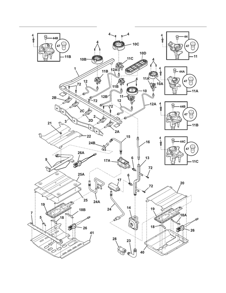 Burner Diagram and Parts List for FGGF304DLB2  Frigidaire Range