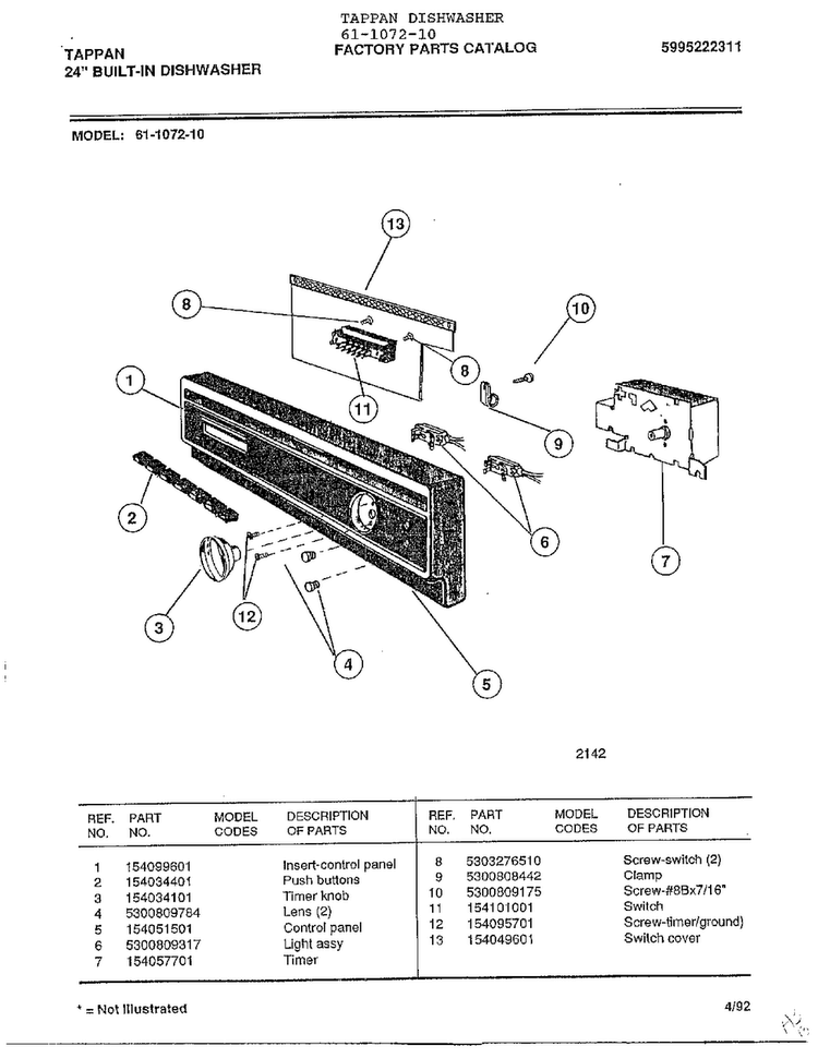 24" Built-in Dishwasher Diagram and Parts List for 61-1072-10  Frigidaire Dishwasher