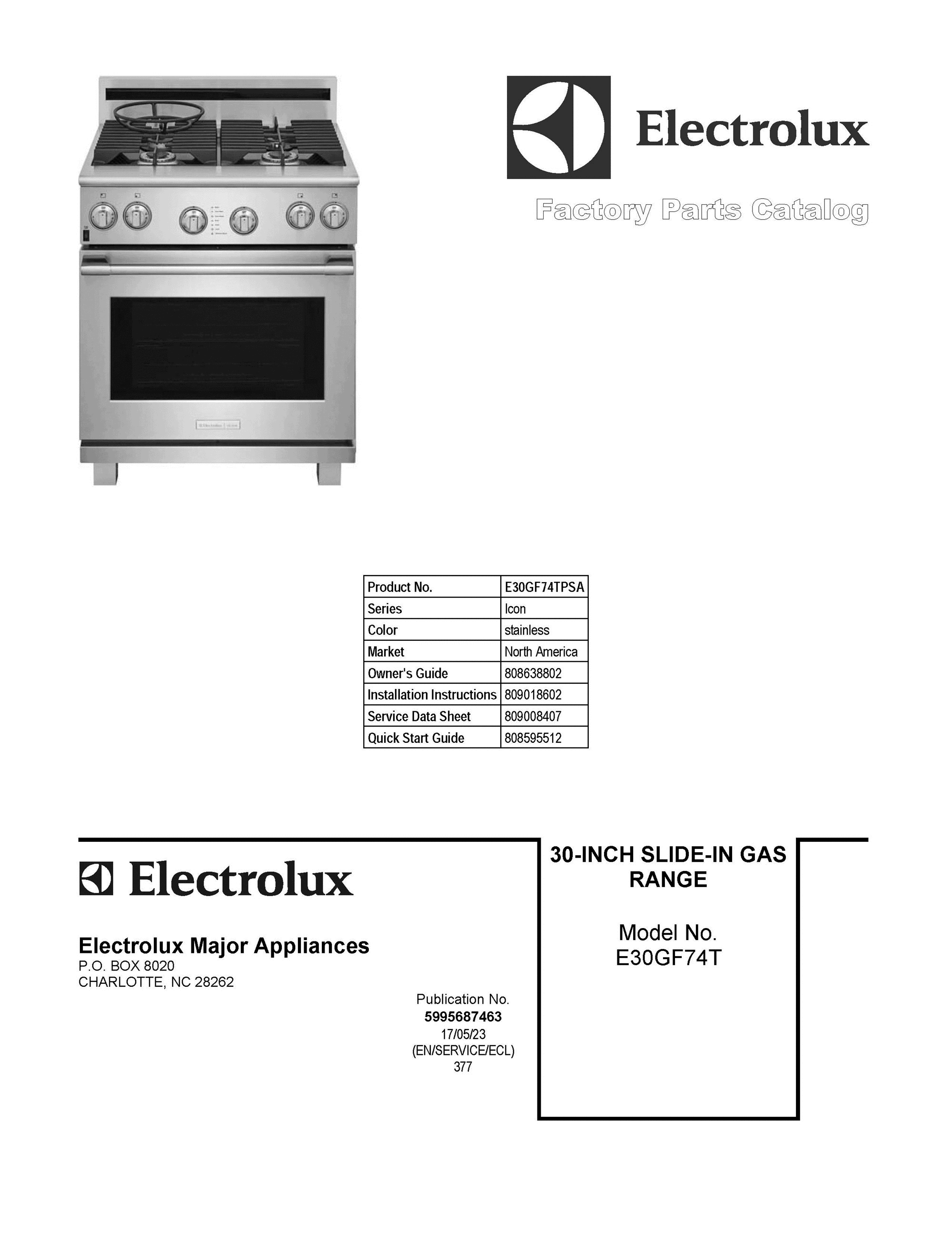 01 - COVER SHEET Diagram and Parts List for E30GF74TPSA  Frigidaire Range