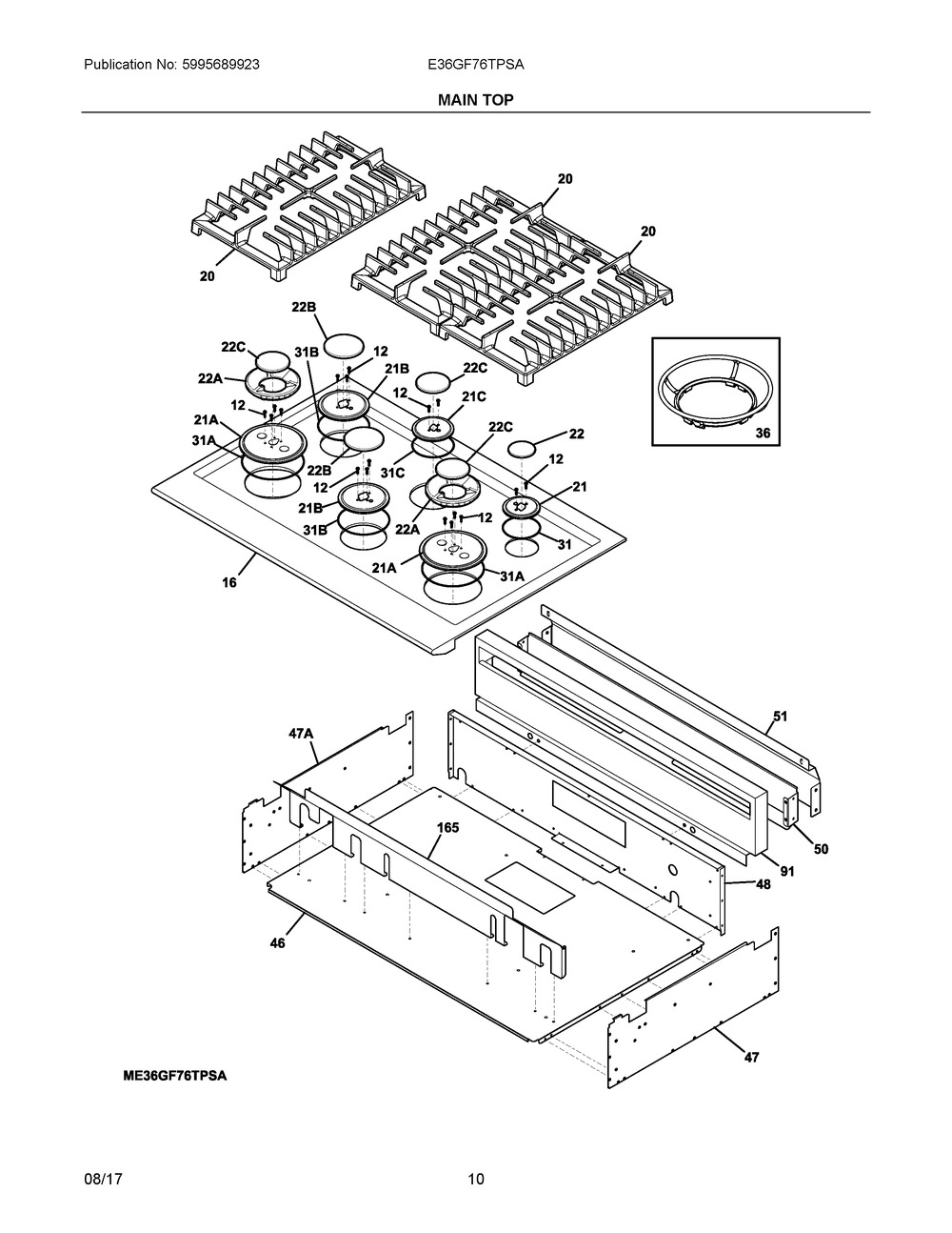 Main Top Diagram and Parts List for E36GF76TPSA  Frigidaire Range
