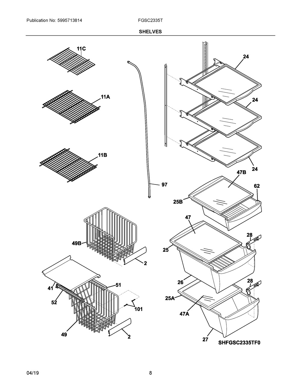 Shelves Diagram and Parts List for FGSC2335TD7  Frigidaire Refrigerator