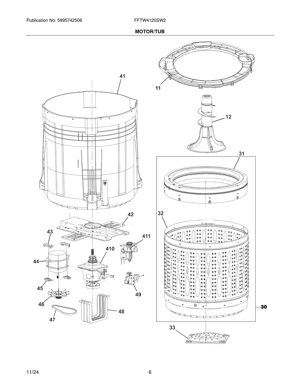 Motor/Tub Diagram and Parts List for FFTW4120SW2  Frigidaire Washer