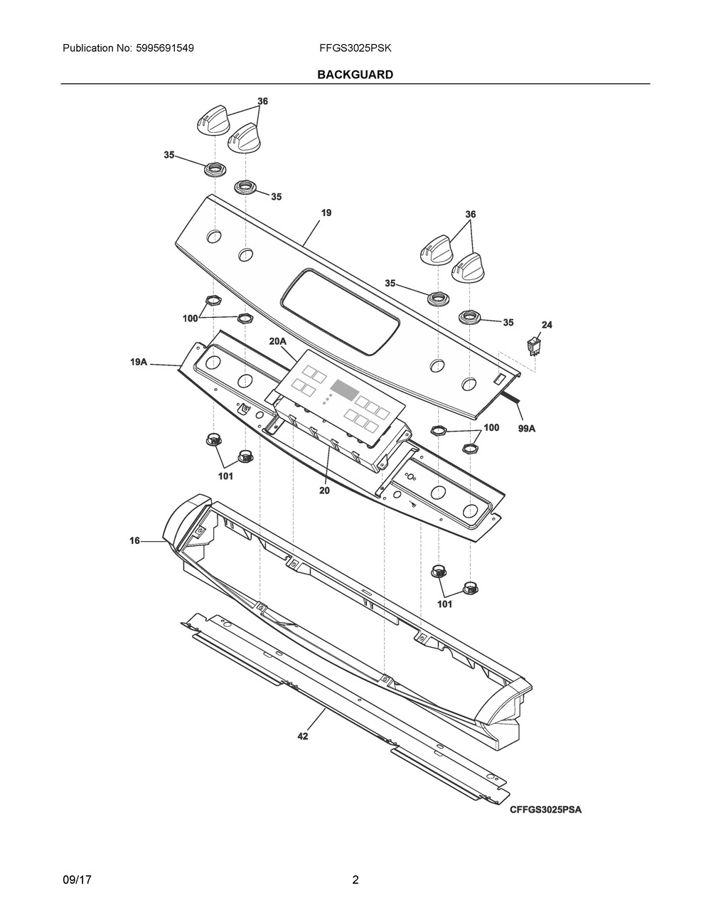 Backguard Diagram and Parts List for FFGS3025PSK  Frigidaire Range