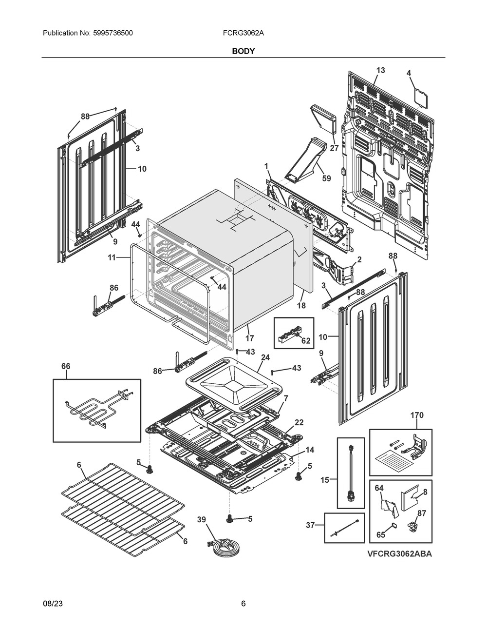 Body Diagram and Parts List for FCRG3062ASA  Frigidaire Range