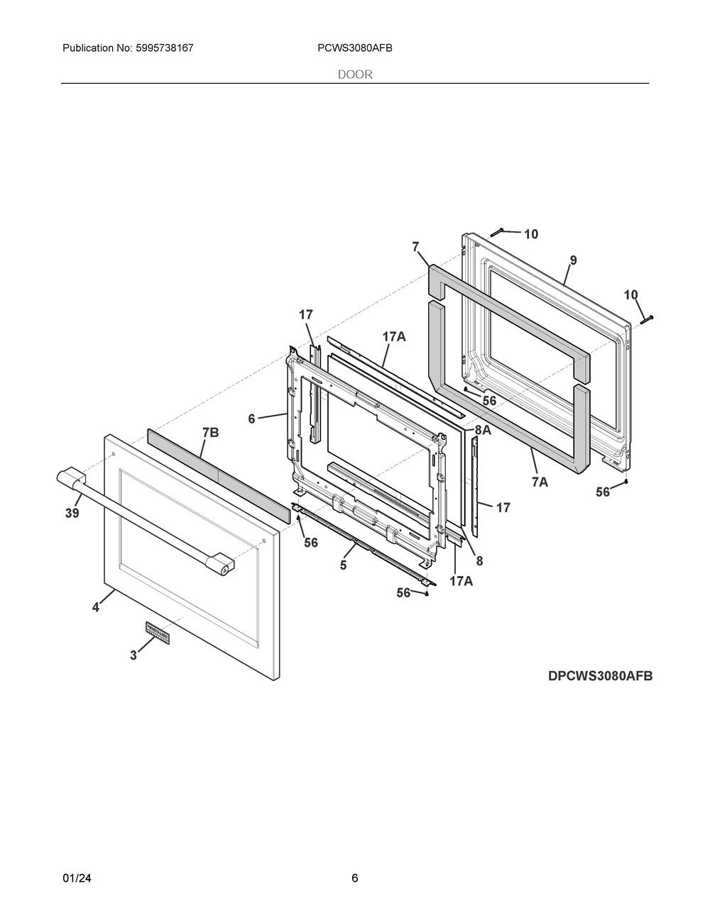 Door Diagram and Parts List for PCWS3080AFB  Frigidaire Wall Oven